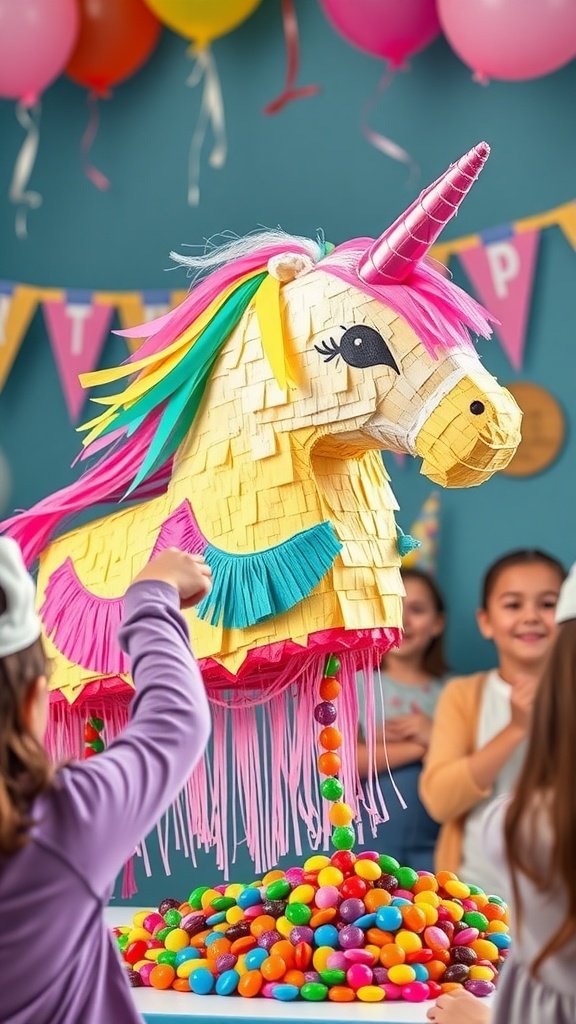 25 Magical Unicorn 2nd Birthday Party Ideas A colorful unicorn piñata surrounded by children at a party, with candy scattered around.
