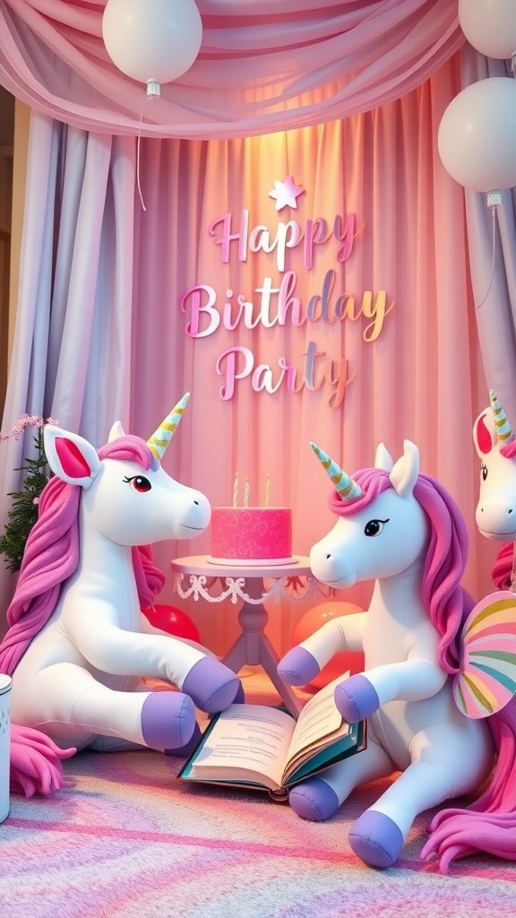 25 Magical Unicorn 2nd Birthday Party Ideas A cozy storytime corner for a unicorn-themed birthday party with plush unicorns, a birthday cake, and storybooks.