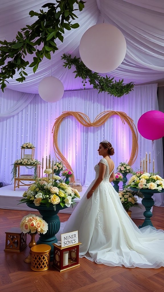 35 Creative Bridal Shower Decoration Ideas You'll Love An elegant bridal shower setup with a heart-shaped backdrop, floral arrangements, and soft lighting.