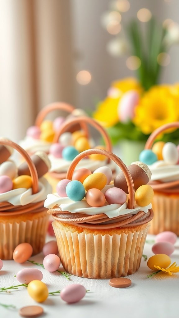 25 Creative and Colorful Easter Cupcakes to Try This Spring Vanilla Bean Easter Basket Cupcakes topped with colorful candy eggs and basket handles