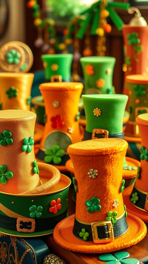 25 Creative St. Patrick's Day Costume Ideas for Everyone A vibrant collection of leprechaun hats in orange and green, decorated with shamrocks and sparkly accents, perfect for St. Patrick's Day.