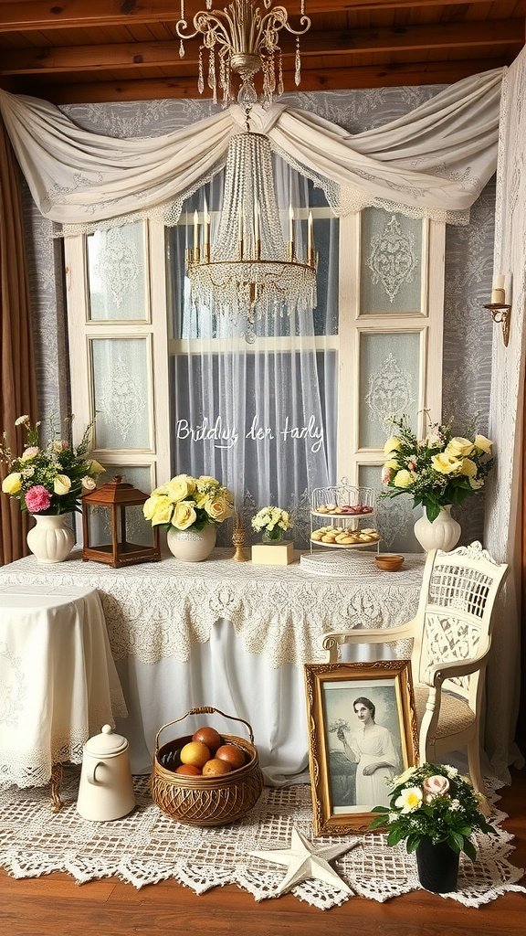 35 Creative Bridal Shower Decoration Ideas You'll Love Vintage-inspired bridal shower decorations featuring a lace tablecloth, flowers, and a chandelier.