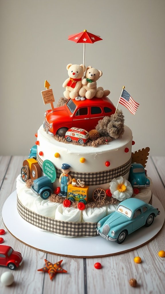 35 Adorable Diaper Cake Ideas for Baby Boys Vintage Car Diaper Cake featuring teddy bears, red car, and colorful decorations