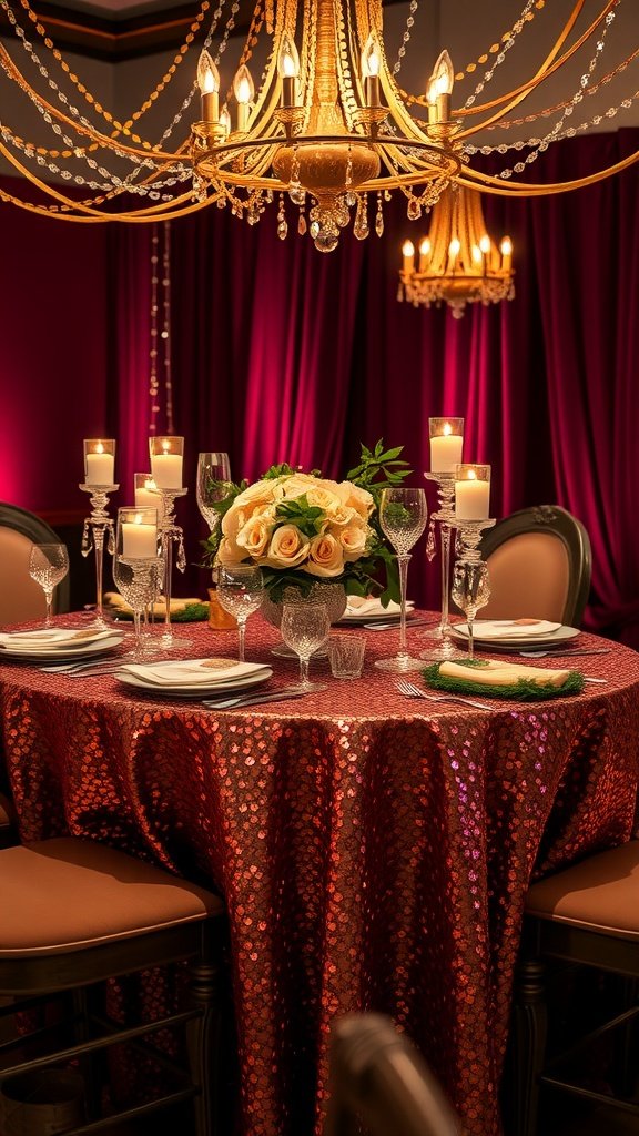 35 Stunning Romantic Wedding Table Settings for Your Special Day A romantic wedding table setting featuring a red sequin tablecloth, a floral centerpiece of roses, candles, and an elegant chandelier.