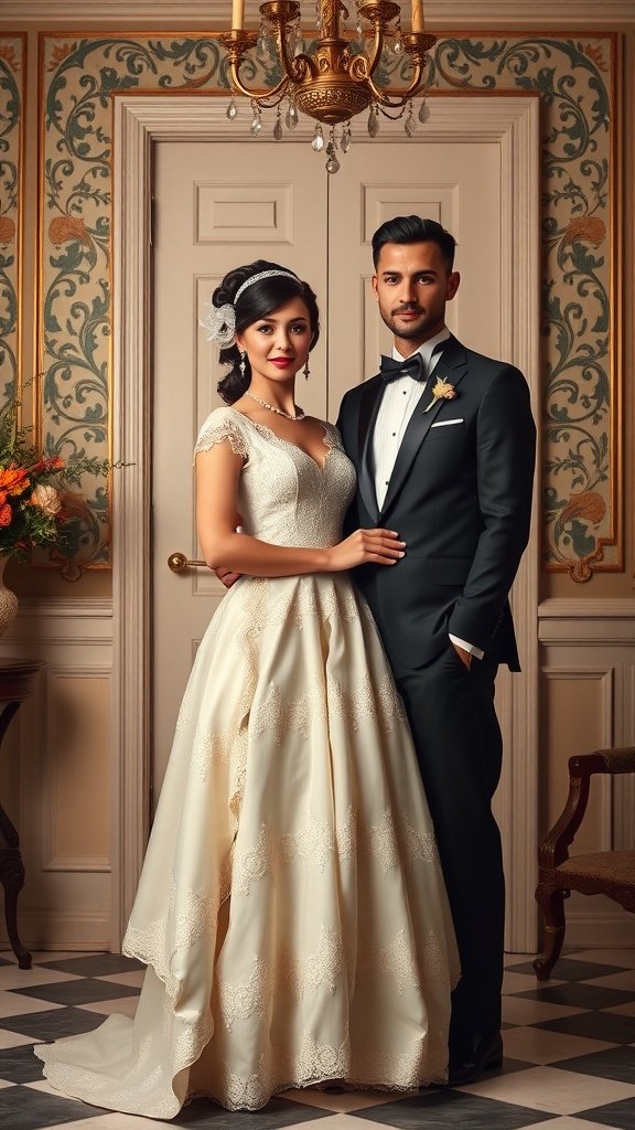35 Best Couples Costumes for Your Next Halloween Party Couple dressed in vintage glamour outfits, showcasing elegance and style.