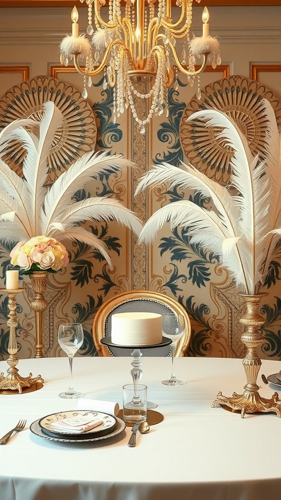 35 Creative Bridal Shower Ideas for an Unforgettable Celebration A beautifully set table for a vintage glamorous bridal shower, featuring white feathers, floral arrangements, and elegant dinnerware under a chandelier.