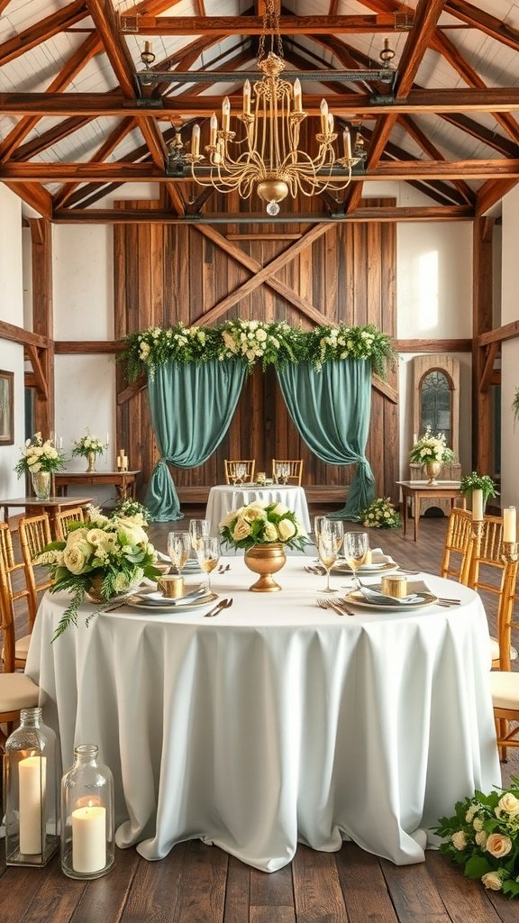 35 Stunning Ideas for a Sage Green and Gold Wedding Theme A beautifully decorated wedding venue featuring sage green and gold decor elements with elegant tables and floral arrangements.
