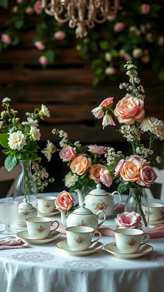 35 Stunning Romantic Wedding Table Settings for Your Special Day A beautifully arranged vintage tea party table setting with floral decorations, china cups, and a teapot.