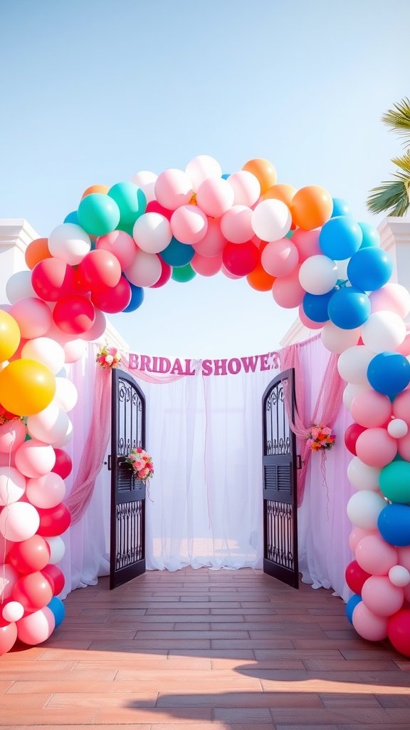 35 Creative Bridal Shower Decoration Ideas You'll Love A colorful balloon arch for a bridal shower with double doors and a welcoming sign.