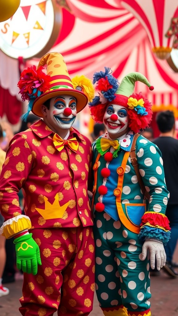 35 Best Couples Costumes for Your Next Halloween Party A cheerful couple dressed as clowns, featuring bright costumes and painted faces, smiling together.