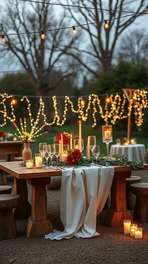 35 Stunning Romantic Wedding Table Settings for Your Special Day A romantic wedding table setting with fairy lights, candles, and red roses.