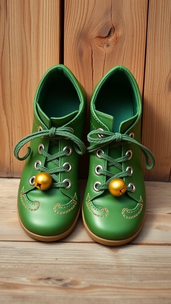 25 Creative St. Patrick's Day Costume Ideas for Everyone Bright green leprechaun shoes with golden bells on a wooden background