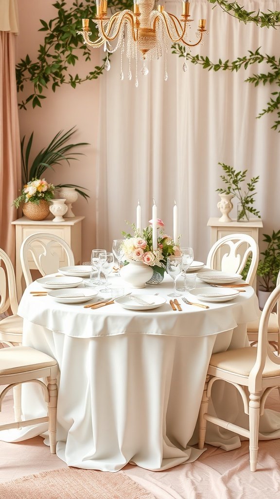 35 Stunning Romantic Wedding Table Settings for Your Special Day A romantic wedding table setting with a pastel palette featuring a floral centerpiece, elegant tableware, and a chandelier.