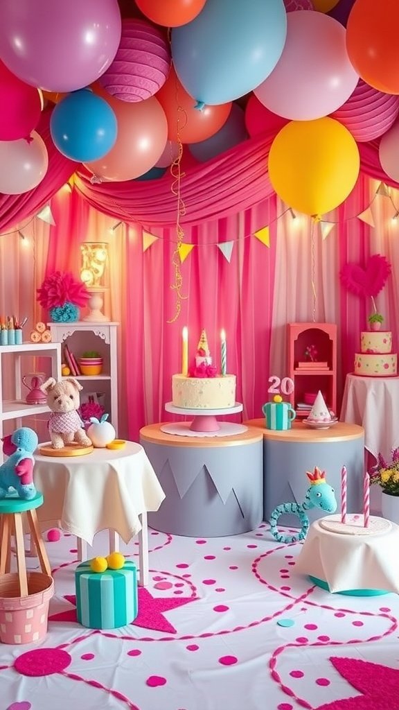 35 Creative Ideas for an Unforgettable 2nd Birthday Party A vibrant 2nd birthday party setting with colorful balloons, a decorated cake, and playful toys.