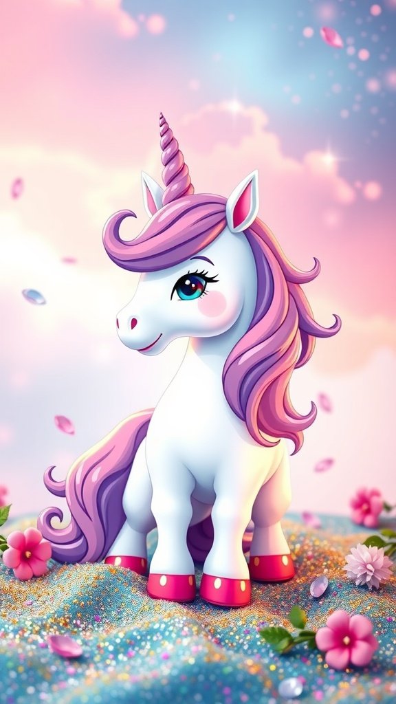 25 Magical Unicorn 2nd Birthday Party Ideas An adorable cartoon unicorn with a pink mane and a sparkling horn, set against a pastel sky with flowers and sparkles.