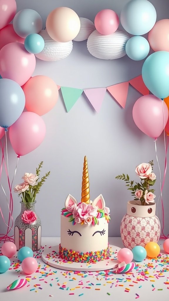 35 Creative 2nd Birthday Party Ideas for Girls A whimsical unicorn-themed birthday setup with a decorated cake and colorful balloons.