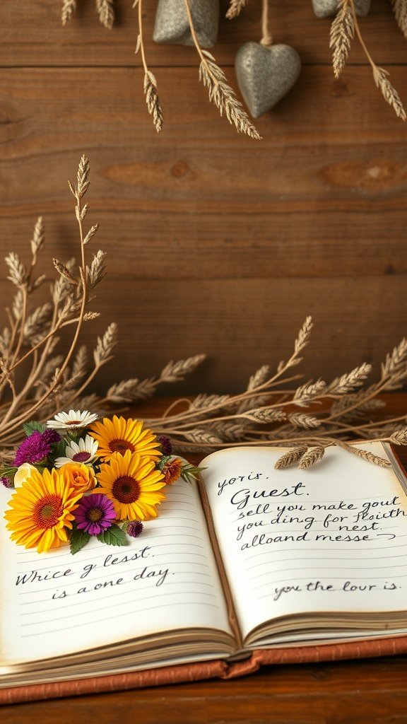 35 Stunning Wildflower Wedding Theme Ideas for Your Dream Celebration A wildflower-inspired guest book with flowers and handwritten messages.