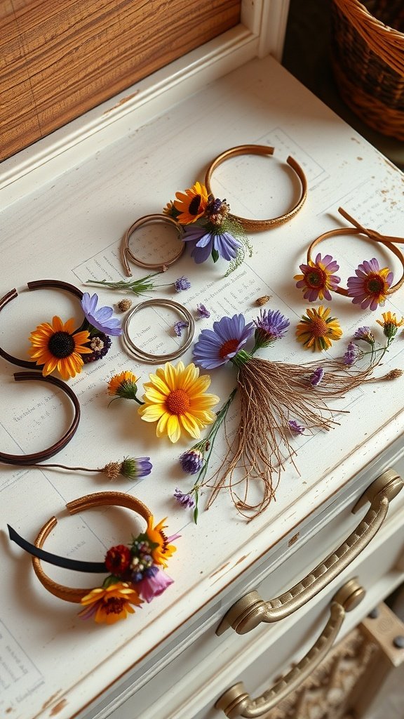 35 Stunning Wildflower Wedding Theme Ideas for Your Dream Celebration An assortment of wildflower-inspired hair accessories displayed on a table.
