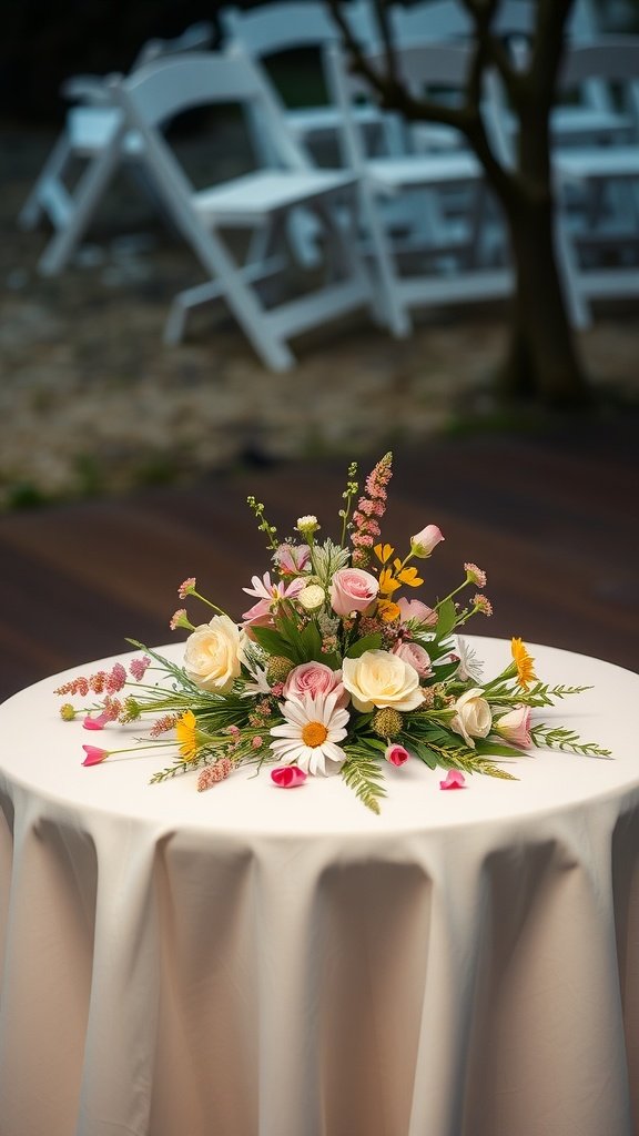 35 Stunning Wildflower Wedding Theme Ideas for Your Dream Celebration A floral centerpiece on a table, showcasing a mix of roses, daisies, and wildflowers.