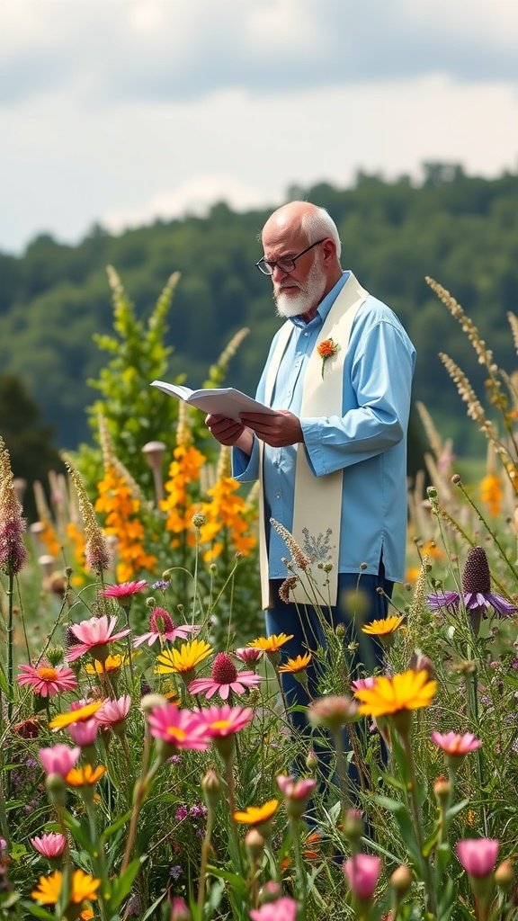 35 Stunning Wildflower Wedding Theme Ideas for Your Dream Celebration A wedding officiant reading vows in a field of wildflowers.