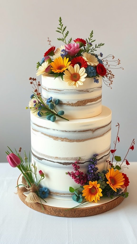 35 Stunning Wildflower Wedding Theme Ideas for Your Dream Celebration A two-tiered wedding cake decorated with vibrant wildflowers and greenery on top