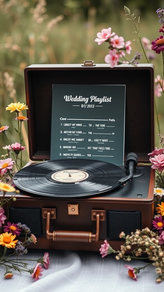 35 Stunning Wildflower Wedding Theme Ideas for Your Dream Celebration A vintage record player surrounded by beautiful wildflowers with a wedding playlist sheet.
