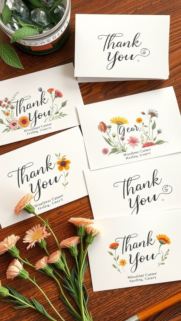 35 Stunning Wildflower Wedding Theme Ideas for Your Dream Celebration A collection of wildflower-themed thank you cards on a wooden table with flowers and a jar.