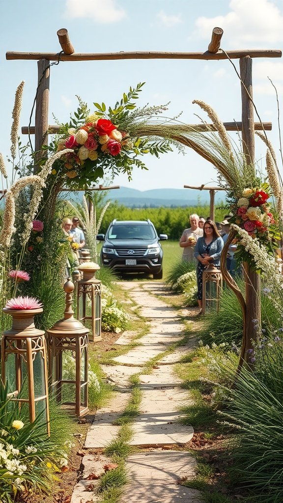 35 Stunning Wildflower Wedding Theme Ideas for Your Dream Celebration A beautiful wedding aisle decorated with wildflowers, an arch, and lanterns