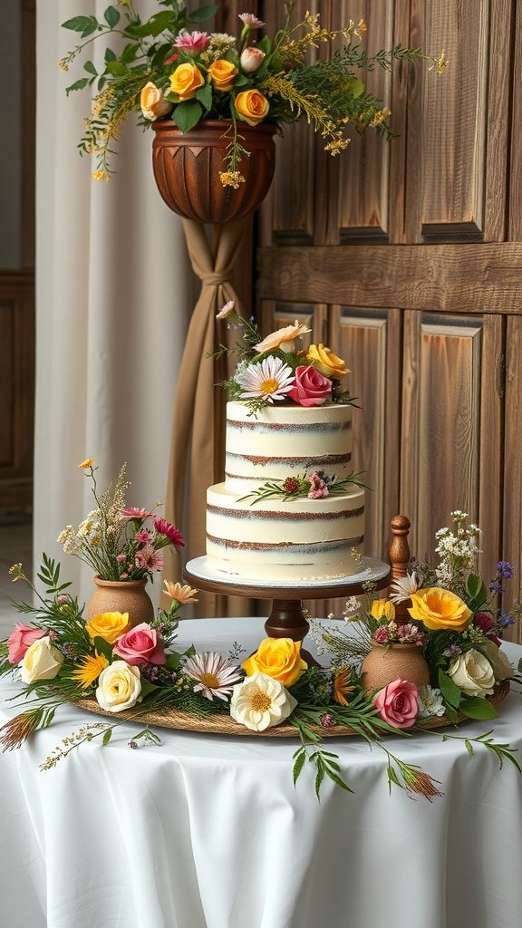 35 Stunning Wildflower Wedding Theme Ideas for Your Dream Celebration Cake table decorated with wildflowers and a rustic cake stand.