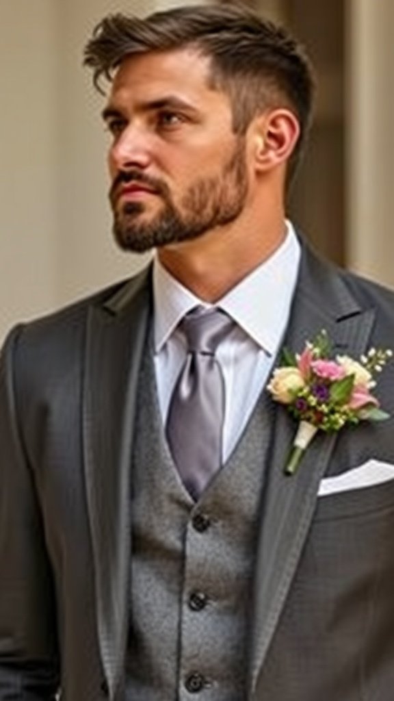 35 Stunning Wildflower Wedding Theme Ideas for Your Dream Celebration A groom wearing a grey suit with a vest and a wildflower boutonniere