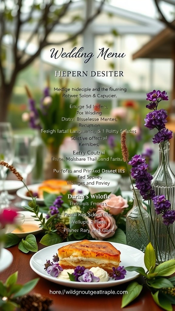 35 Stunning Wildflower Wedding Theme Ideas for Your Dream Celebration A beautifully arranged wedding menu with floral decorations, showcasing a delightful blend of dishes.