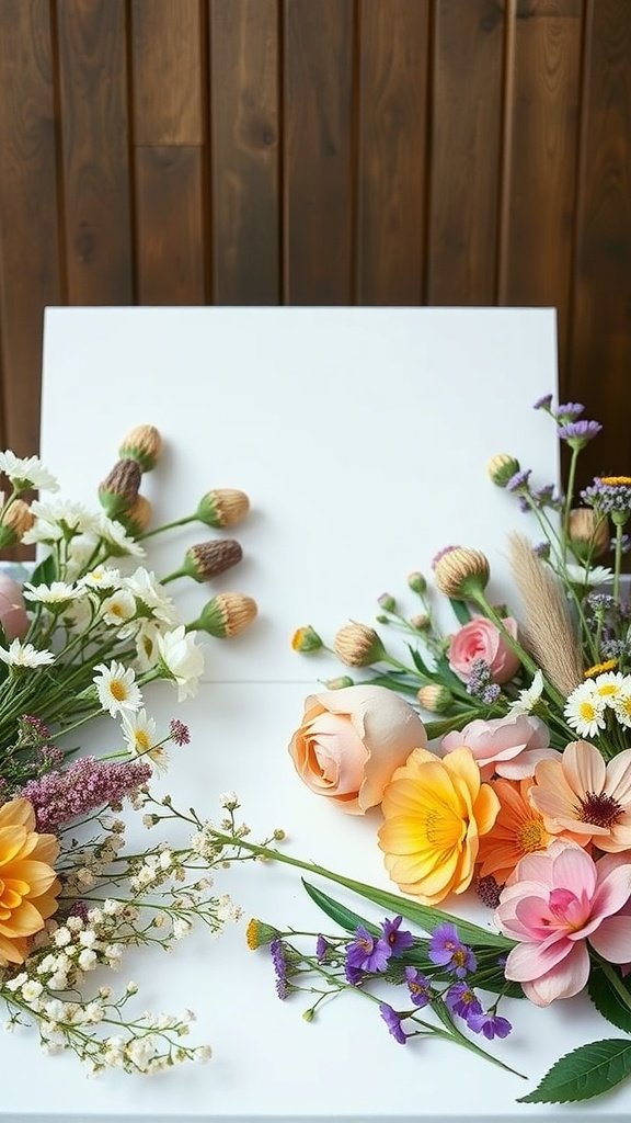 35 Stunning Wildflower Wedding Theme Ideas for Your Dream Celebration An arrangement of colorful wildflowers on a white surface, with a wooden background.