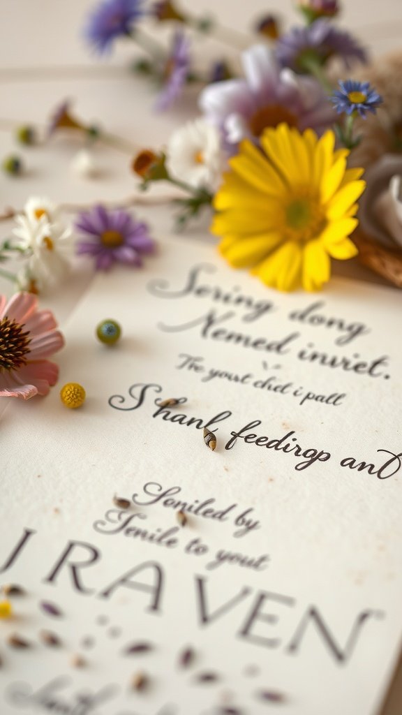 35 Stunning Wildflower Wedding Theme Ideas for Your Dream Celebration A seed paper invitation surrounded by colorful wildflowers, embodying a wildflower wedding theme.