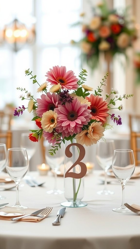 35 Stunning Wildflower Wedding Theme Ideas for Your Dream Celebration A table set with a floral arrangement and the number 2 for a wildflower wedding theme.