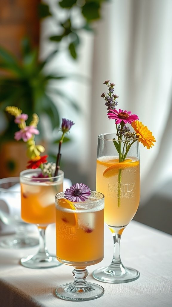 35 Stunning Wildflower Wedding Theme Ideas for Your Dream Celebration Three colorful cocktails garnished with flowers, perfect for a wildflower wedding theme.