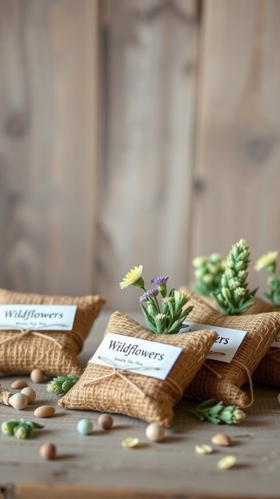 35 Stunning Wildflower Wedding Theme Ideas for Your Dream Celebration Burlap bags filled with wildflower seeds, decorated with small flowers and tags