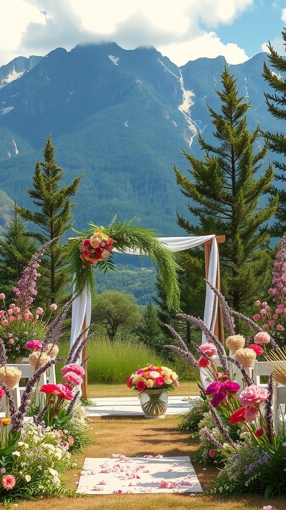 35 Stunning Wildflower Wedding Theme Ideas for Your Dream Celebration A beautiful outdoor wedding setup with mountains in the background, featuring colorful wildflowers and a floral arch.