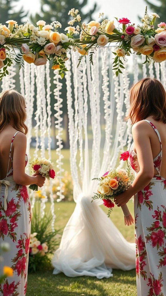 35 Stunning Wildflower Wedding Theme Ideas for Your Dream Celebration Two women in floral dresses holding bouquets in front of a floral arch at a pre-wedding event
