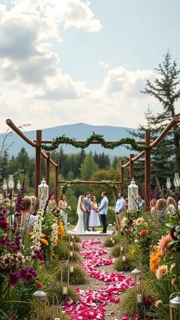 35 Stunning Wildflower Wedding Theme Ideas for Your Dream Celebration Outdoor wedding ceremony featuring a beautiful wildflower theme with vibrant flowers, a floral arch, and guests gathered around.
