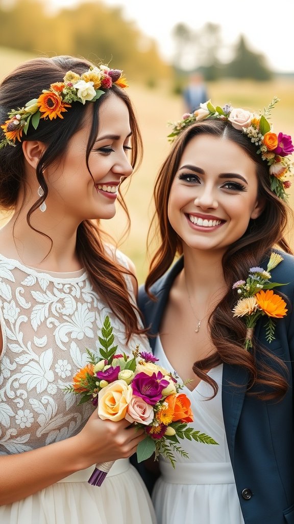35 Stunning Wildflower Wedding Theme Ideas for Your Dream Celebration Two bridesmaids smiling with floral crowns and colorful bouquets