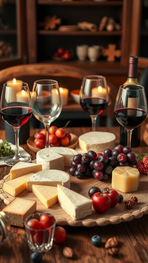 35 Creative Bridal Shower Ideas for an Unforgettable Celebration A beautifully arranged table with various cheeses, fruits, and glasses of red wine, ideal for a bridal shower wine and cheese evening.