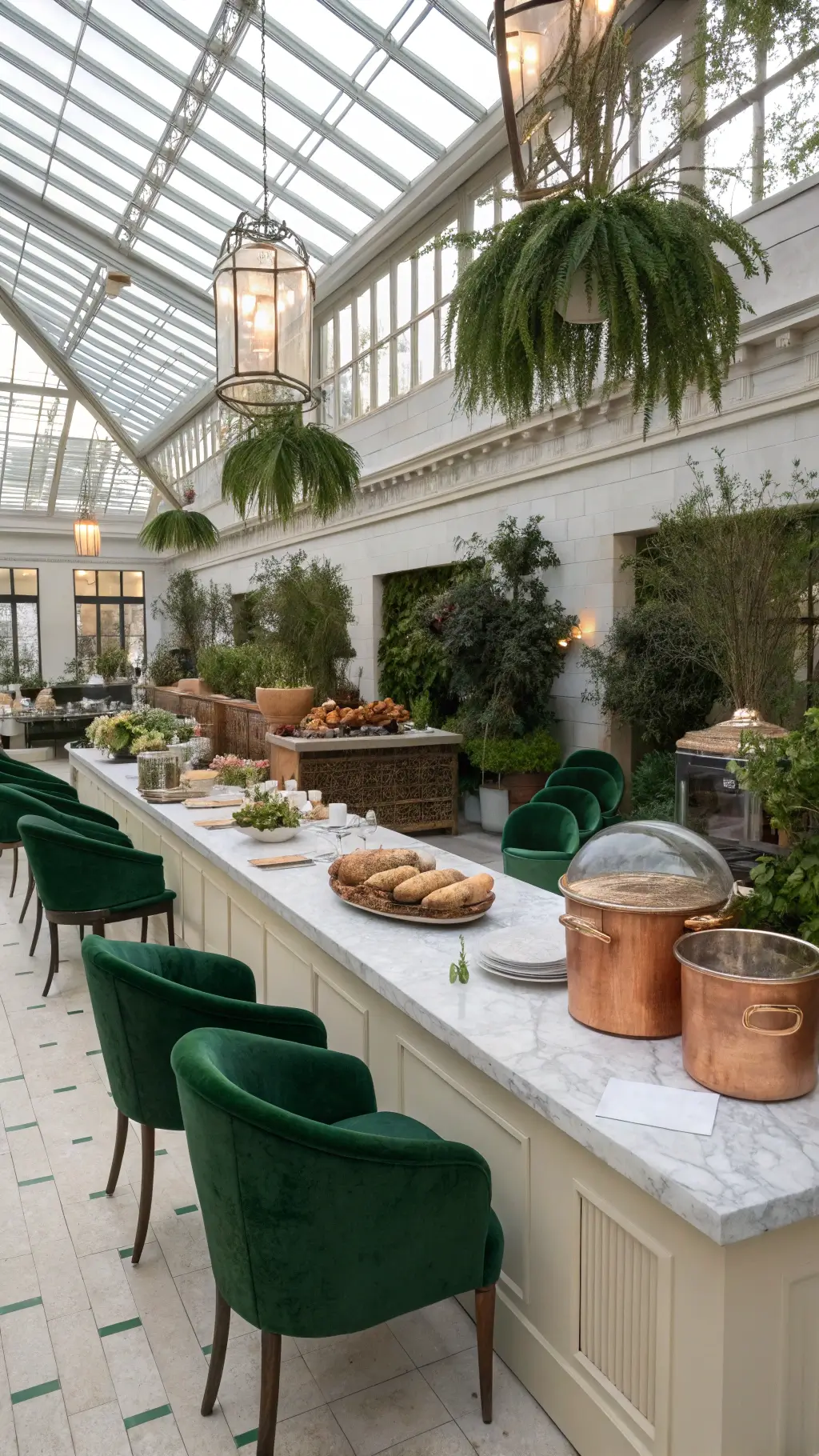 Cozy & Creative fall baby shower food ideas Elegant indoor conservatory with glass ceiling; features a white marble soup station with copper tureens and artisan breads, surrounded by sage velvet chairs and glass tables set with gold flatware; potted plants and brass lights add warmth and greenery. fall baby shower food ideas