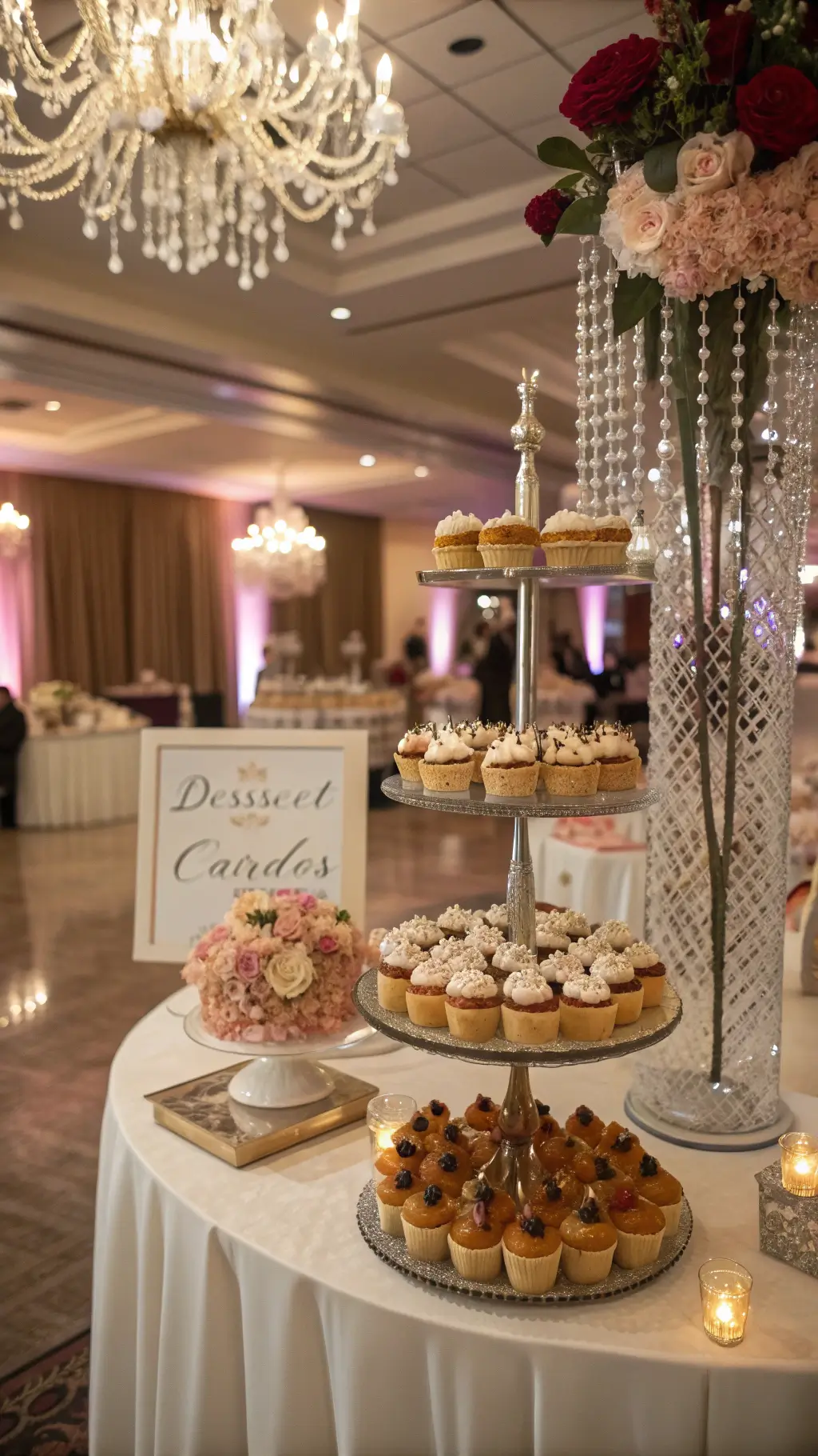 Cozy & Creative fall baby shower food ideas A close-up of a luxurious dessert display featuring mini pumpkin pies and spiced cupcakes on acrylic stands, with champagne silk draping and rose gold sequined linens. Fresh blush and burgundy flowers cascade over a marble table with vintage cake stands and votives, under crystal chandeliers. fall baby shower food ideas