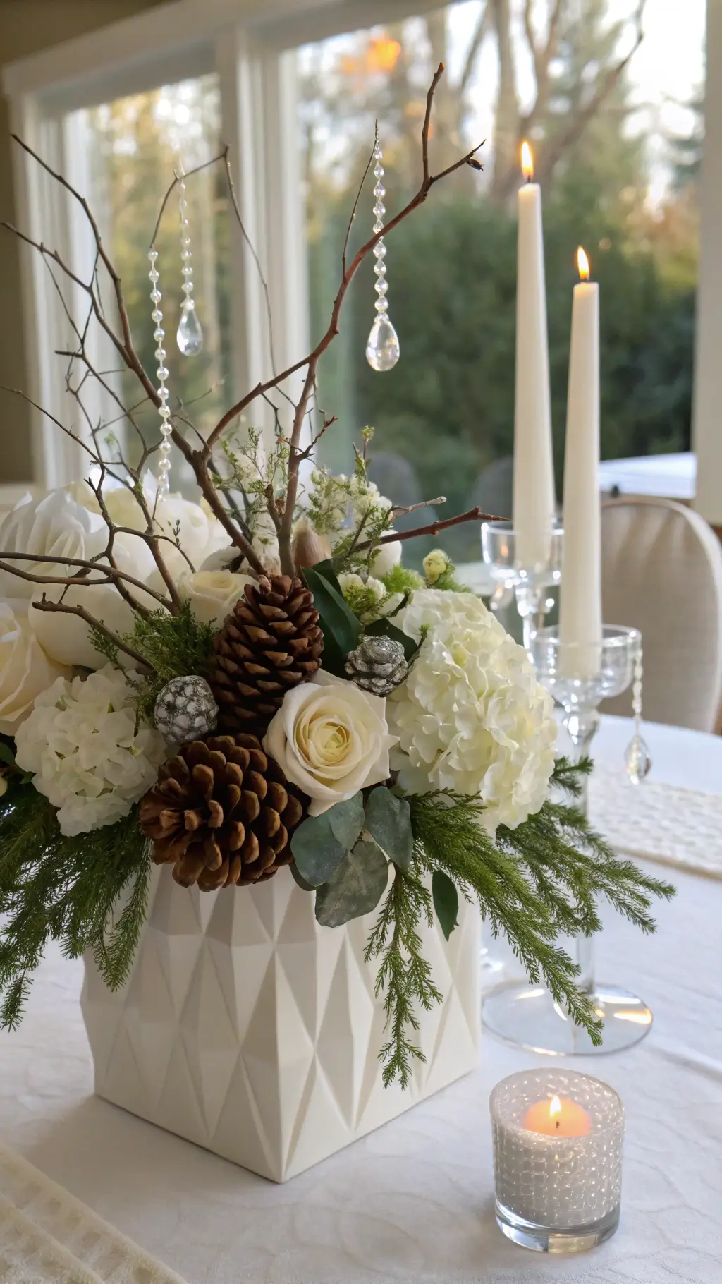 Creating White Christmas Wedding Centerpieces A close-up of a white Christmas centerpiece on a table, featuring frosted manzanita branches with crystal teardrops and pinecones, surrounded by white roses and hydrangeas with silver-tipped evergreens, set in a geometric vessel, with white taper candles on a silk tablecloth.
