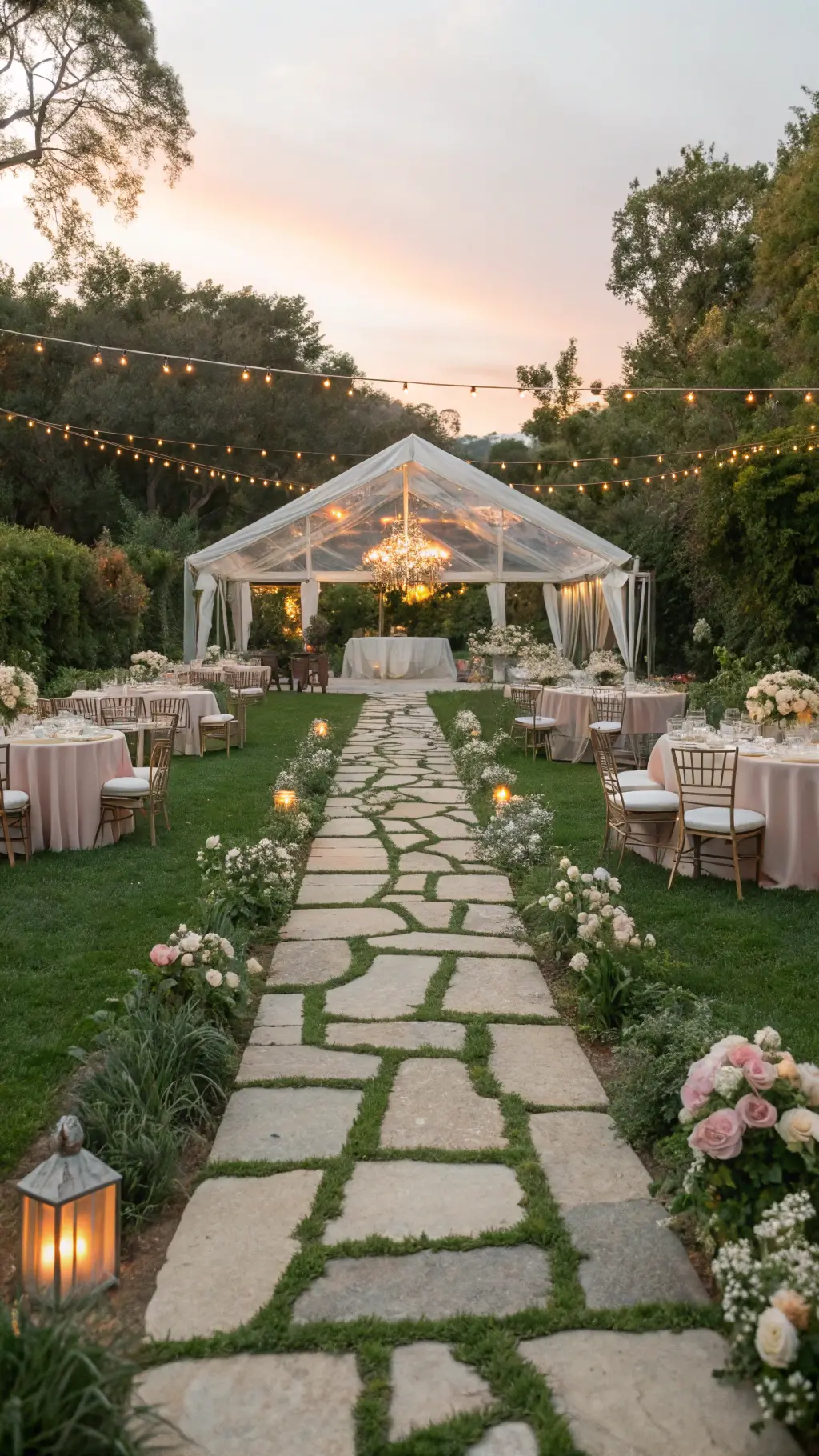 14 Wedding Floral Themes That Will Make Your Dream Day Come True (Number 6 is a Must-See!) A romantic garden wedding at sunset, featuring stone pathways leading to a reception under a clear-top tent with chandeliers and fairy lights. Tables with blush chiffon runners and pastel floral centerpieces, gold flatware, and pink chargers are softly lit by candlelight, with golden light filtering through the tent.