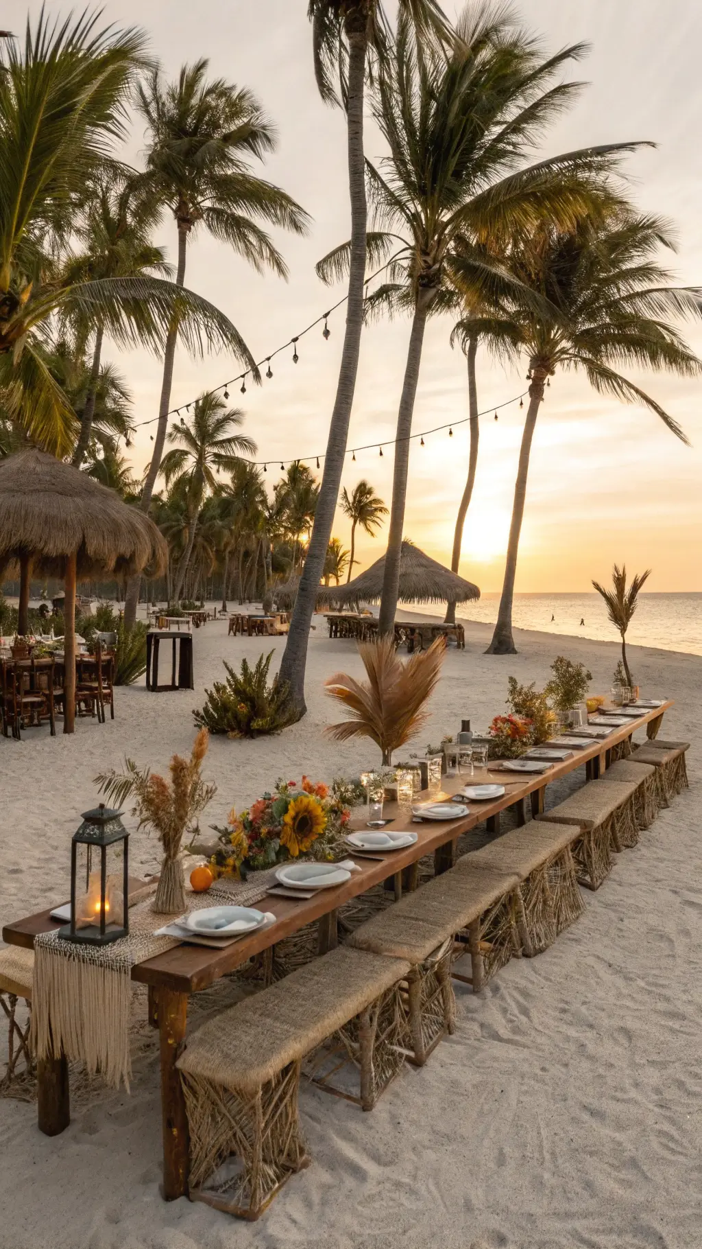 14 Wedding Floral Themes That Will Make Your Dream Day Come True (Number 6 is a Must-See!) Bohemian beach celebration setup with curved wooden tables on white sand, surrounded by palm trees, featuring wildflower centerpieces in copper and brass, colored glass lanterns, macramé runners, and rattan chargers, with a dried palm fronds and pampas grass canopy, lit by the sunset's warm glow.