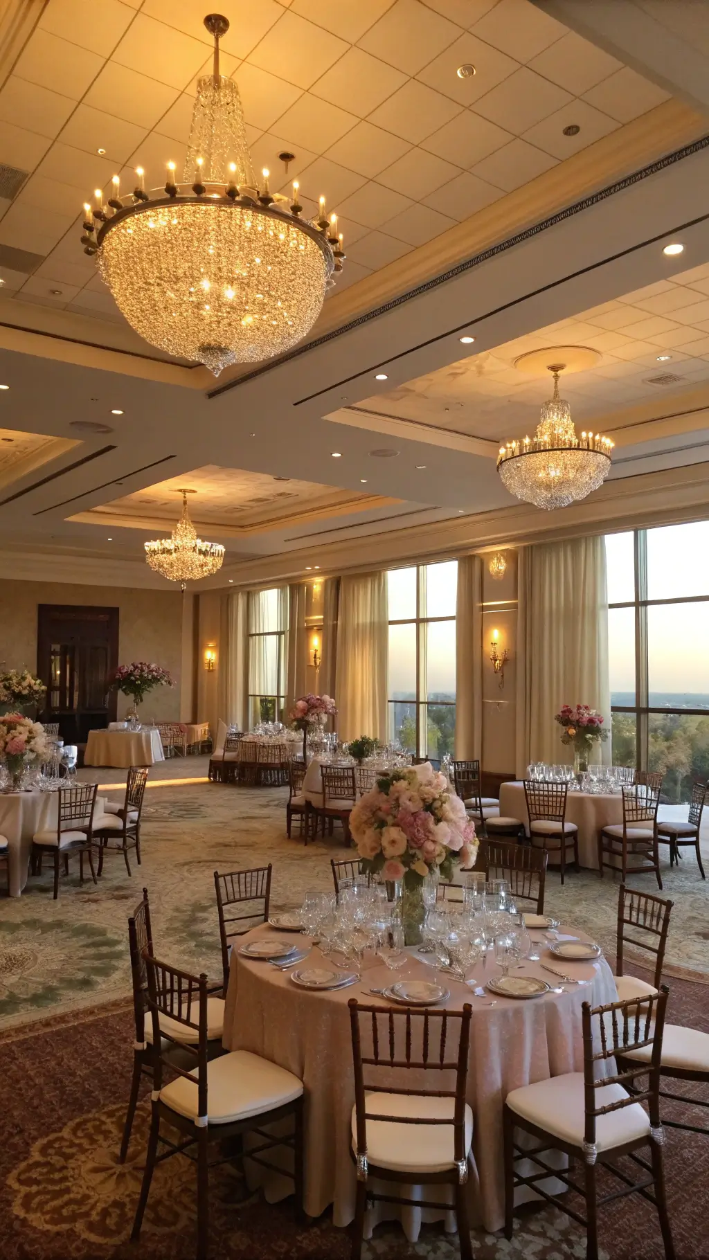 Early Spring Wedding Trends You’ll Want to Steal for Your Big Day! A grand ballroom during golden hour, with sunlight streaming through large windows on silk-draped tables and crystal centerpieces filled with cherry blossoms and ranunculus. Cream linens, chocolate chiavari chairs, and crystal chandeliers complete the scene, with a parquet dance floor and ethereal tulle ceiling swags.