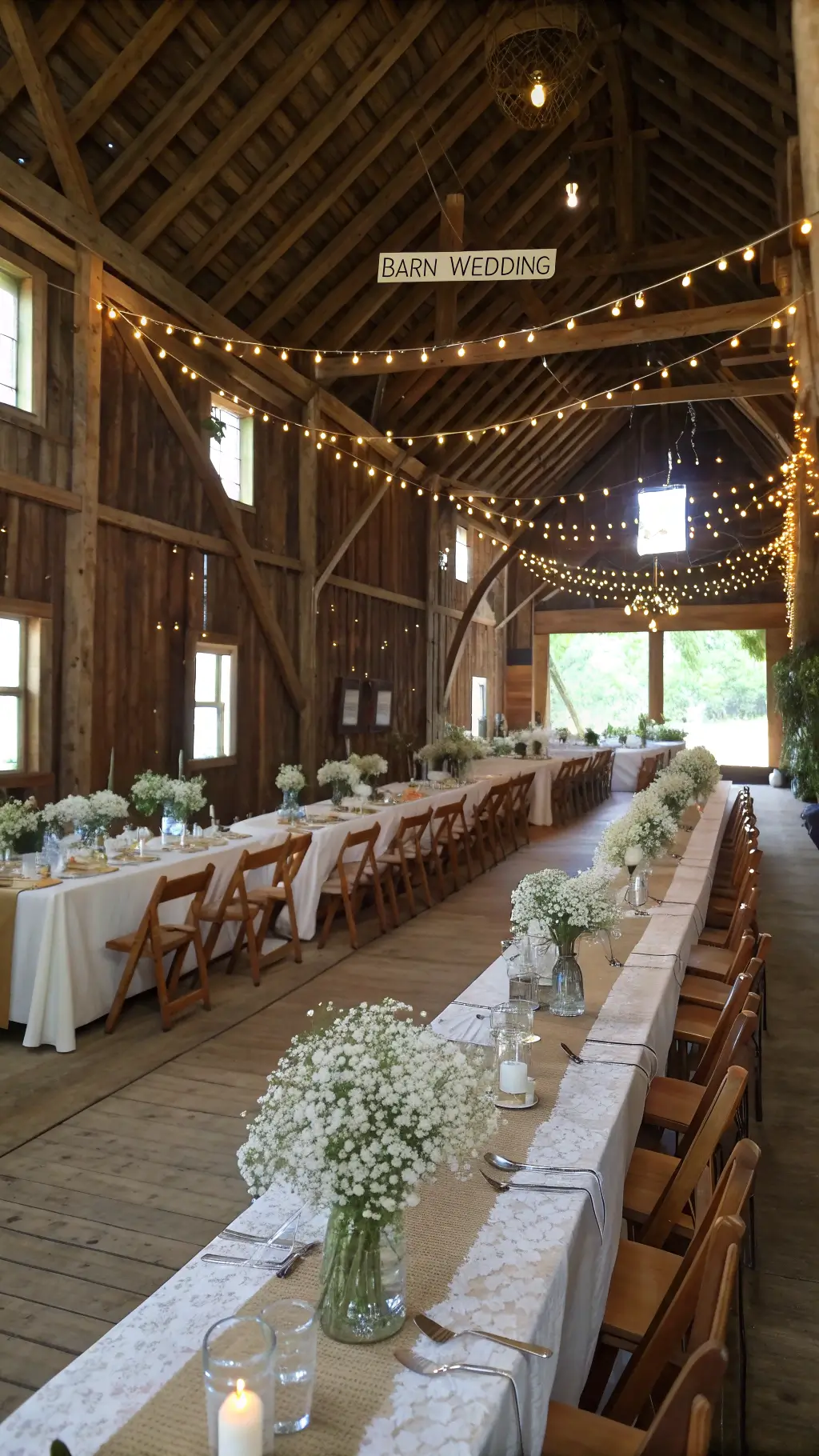 14 Wedding Floral Themes That Will Make Your Dream Day Come True (Number 6 is a Must-See!) Wide-angle view of a rustic barn wedding setup featuring exposed wooden beams adorned with string lights and mason jars filled with daisies and Queen Anne's lace. Long tables with burlap runners have floral arrangements in vintage milk jugs and metal containers, surrounded by wooden cross-back chairs. Natural light fills the space, highlighting the countryside charm.