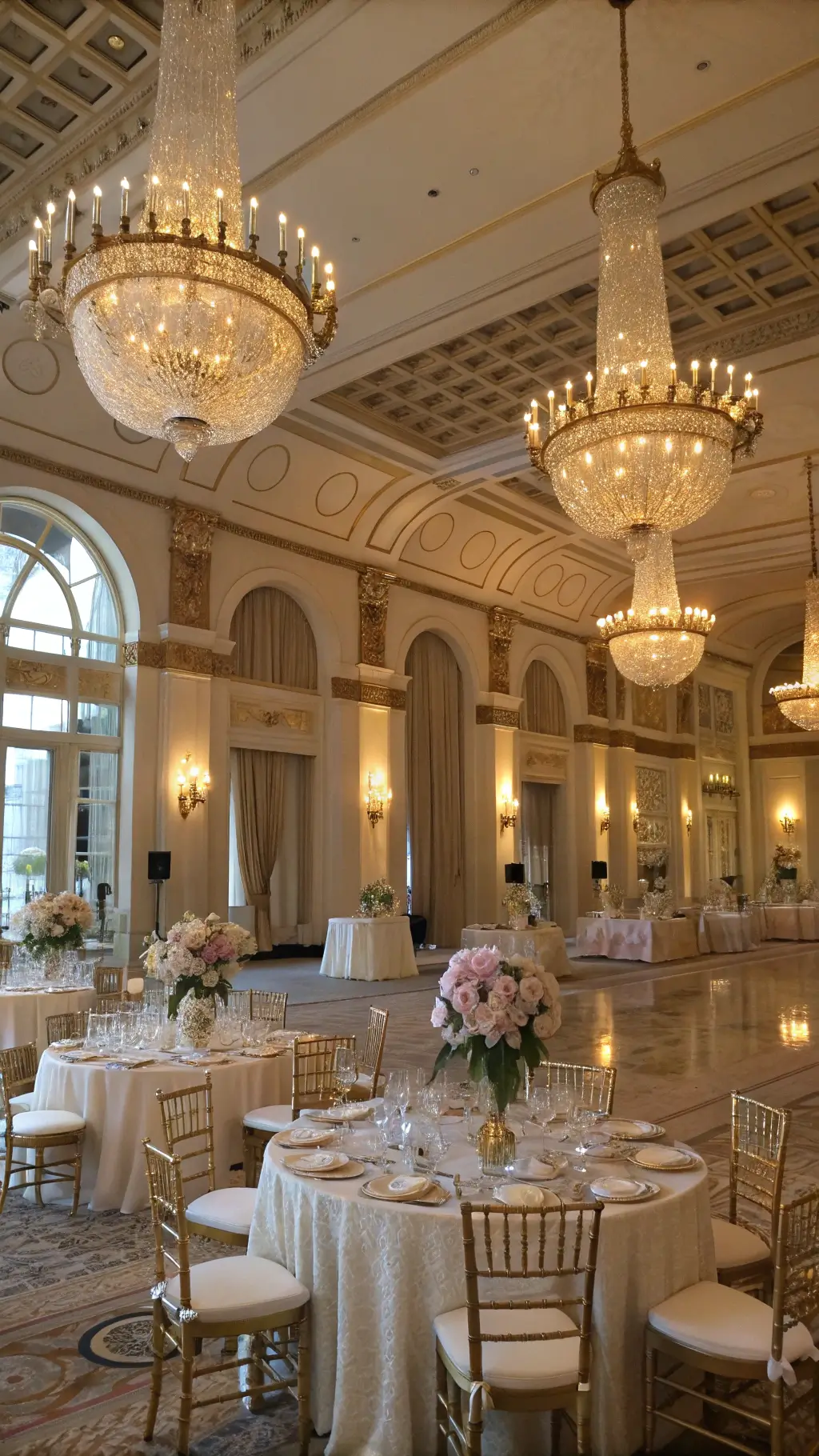 How to Create a Sophisticated Decor with Luxury Centerpieces? A luxurious ballroom with high ceilings and chandeliers, featuring elegantly set tables with floral centerpieces, ghost chairs, and golden details, illuminated by warm, late afternoon sunlight streaming through large windows.
