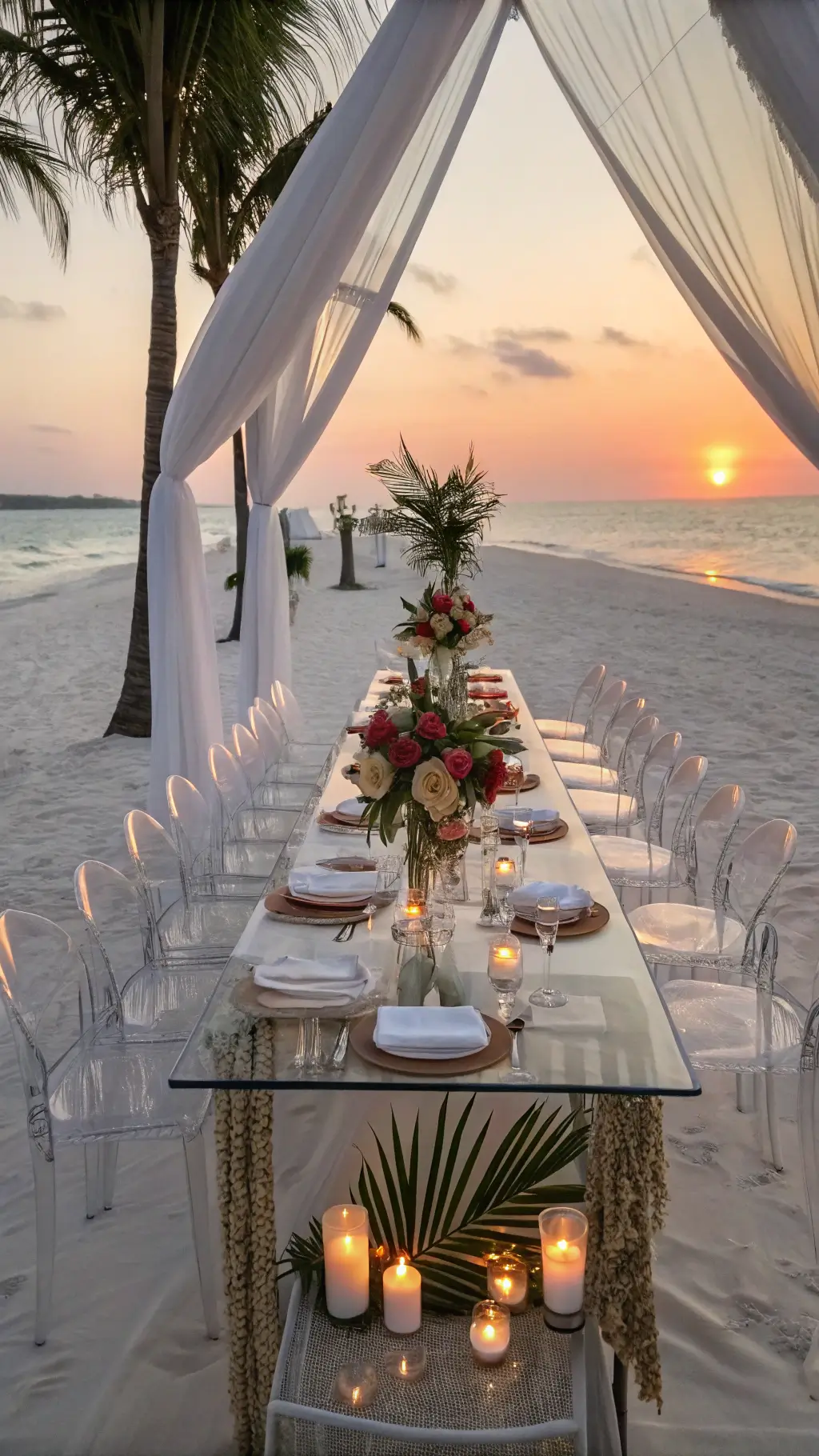 How to Create a Sophisticated Decor with Luxury Centerpieces? Cinematic wide-angle of a beachfront celebration at sunset with ghost chairs around a floating acrylic table adorned with orchids, peonies, and tropical foliage. Rose gold chargers and lanterns enhance the glowing ambiance, framed by cabanas with ocean waves behind.